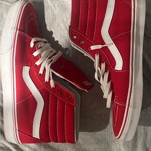 Vans Red and White High-Top Athletic Shoes